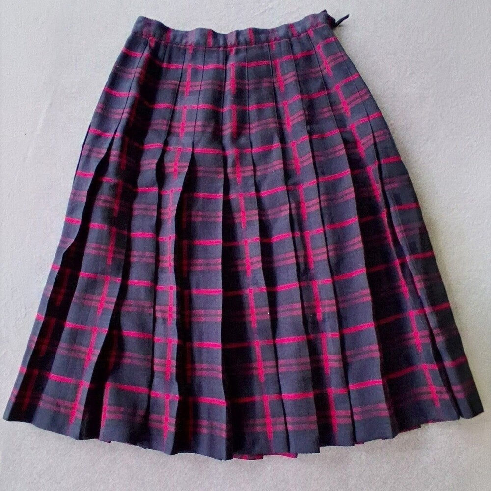 Vintage Weathervane Pleated Wool Plaid Navy Magenta Midi Skirt Size 12